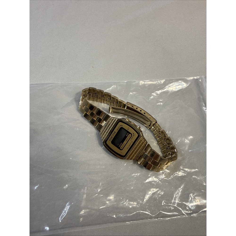 Vintage EXACTIME Digital Quartz Gold Tone Wristwatch Retro 1980s LCD Watch
